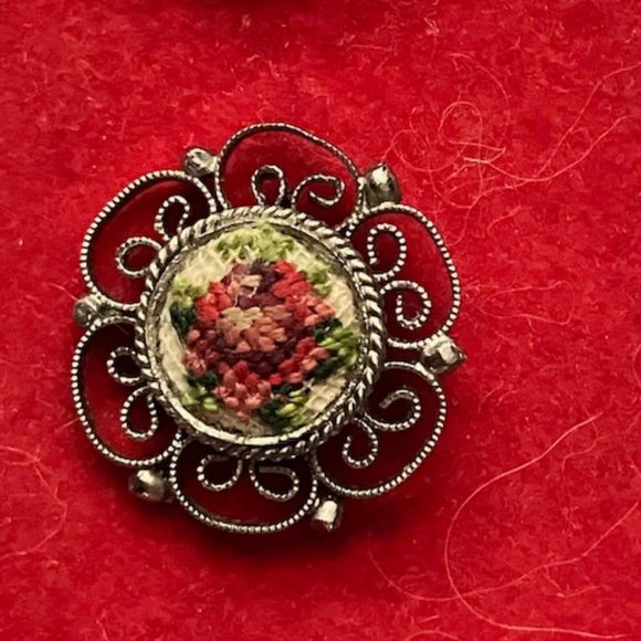 Vintage Pair of Petit Point Hand Embroidered Stud Earrings - Picture 2 of 7